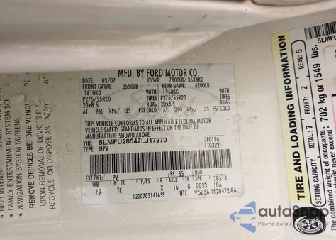 2007 Lincoln Navigator Ultimate z USA, uszkodzony, nr VIN 5LMFU28547LJ17270